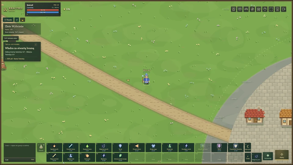 Czarodziej na kwiecistej łące przy szlaku i zabudowaniach Złotego Wybrzeża — otwarty świat polskiego MMORPG.